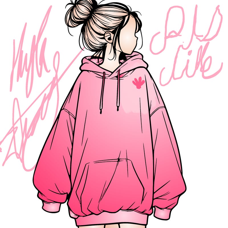 realistic girl with a oversized sweatshirt on and a bun