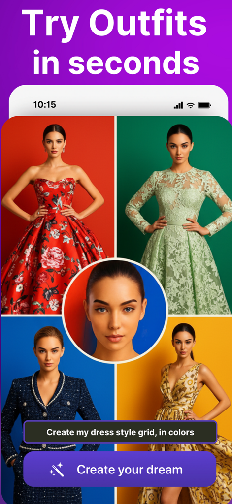 Interfaz del generador de fotos IA mostrando a una mujer con varios atuendos elegantes usando la función de prueba virtual.