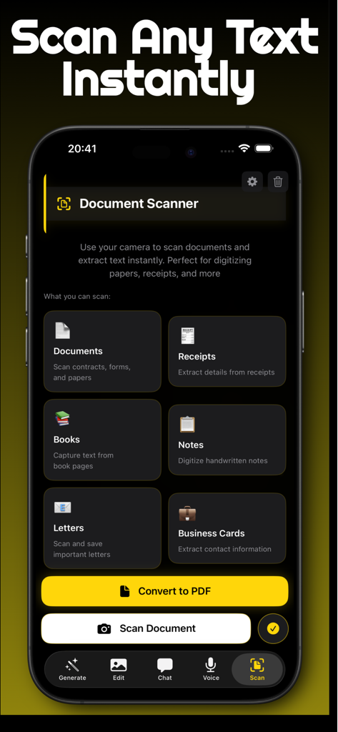 Vidnoz AI Image Generator - Interfaz de la aplicación Vidnoz AI mostrando la herramienta de escáner de documentos con opciones para escanear recibos, libros y tarjetas de visita