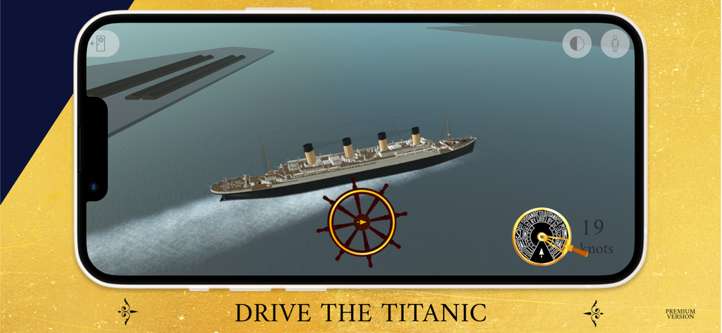 A screenshot of the Titanic 4D Simulator showing the ship sailing with on-screen steering wheel and speed controls