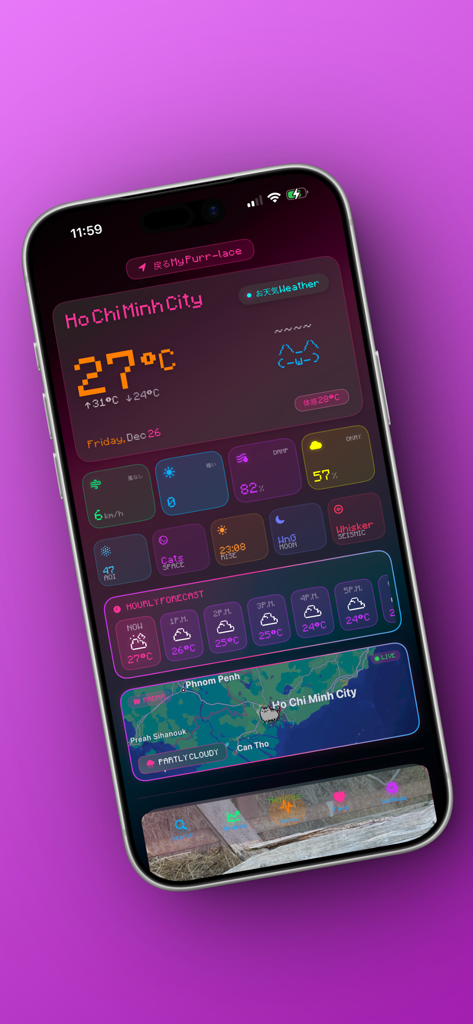 A dark neon weather dashboard on an iPhone featuring pixel art cat icons and Ho Chi Minh City forecast