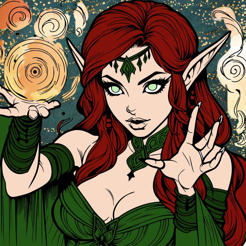 realistic scary beautiful elf sorceress casting spell