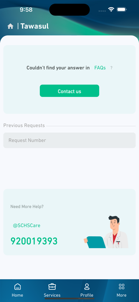 Mumaris+ - The Tawasul support screen of the Mumaris plus app showing contact options and request tracking for healthcare professionals.