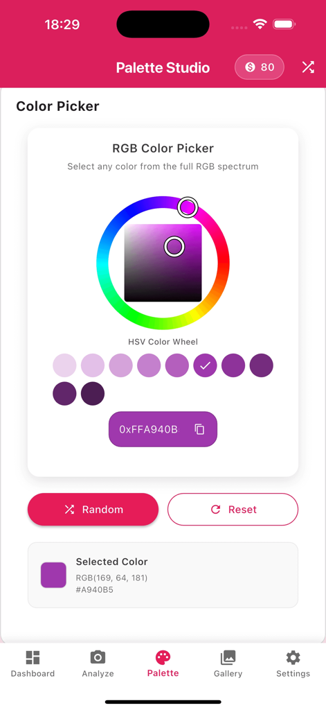 Xeko 앱 인터페이스가 HSV 색상환과 디자인 전문가를 위한 RGB 값이 있는 팔레트 스튜디오를 보여줍니다