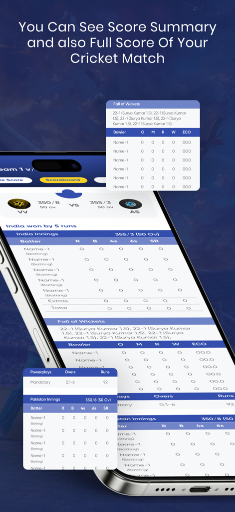 A mobile app interface displaying a detailed cricket match scoreboard and player statistics