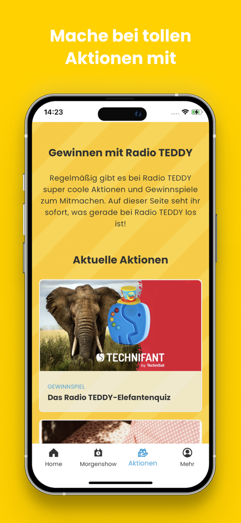 Radio TEDDY - Radio TEDDY mobile app screen showing promotions and a quiz for kids