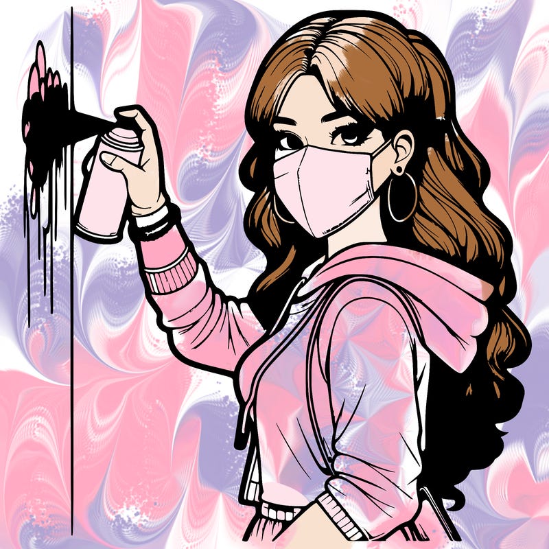 realistic girl with mask spray painting a wall