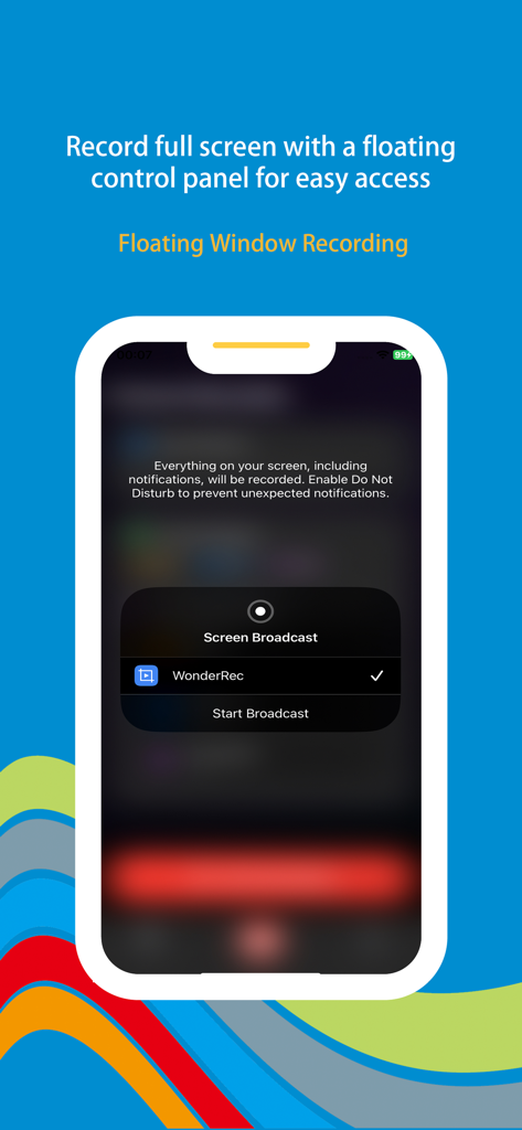 Wonder Rec - Screen Recorder - Interface showing the screen broadcast and floating window recording feature of Wonder Rec.