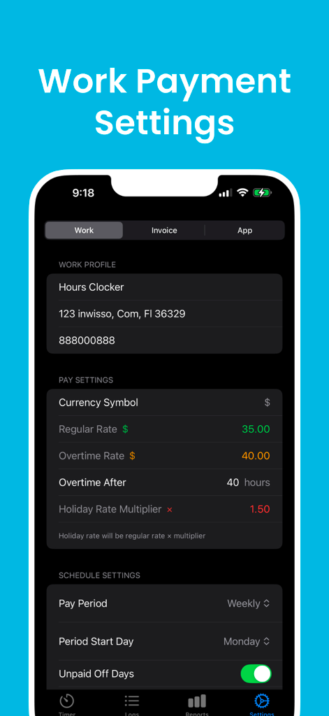 Hours Clocker: AI Punch Time - Hours Clocker app work payment settings screen showing pay rates and schedule configurations in dark mode