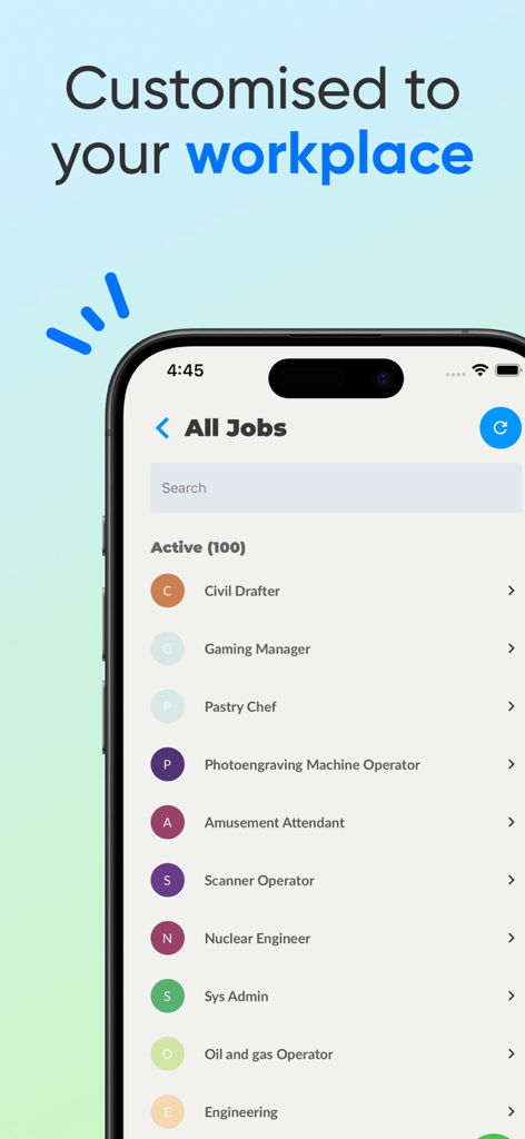 Toolr: Work time clock tracker - Benutzeroberfläche der Toolr-App mit einer Liste verschiedener Jobrollen, die für die Zeiterfassung am Arbeitsplatz angepasst wurden