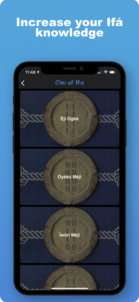 Ojú Odù - A list of Odu of Ifa signs including Eji Ogbe and Oyeku Meji displayed in the Oju Odu app interface