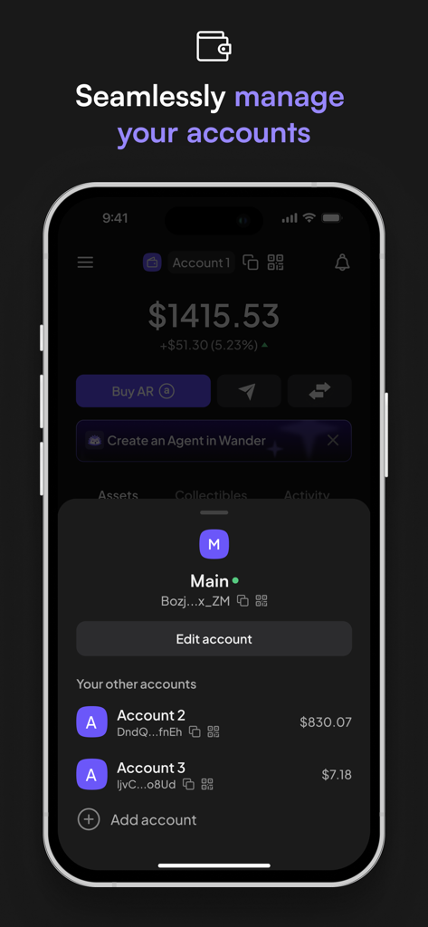 Wander Mobile - A mobile interface for the Wander app showing a user managing multiple Arweave and AO wallet accounts with real-time balances and transaction options.