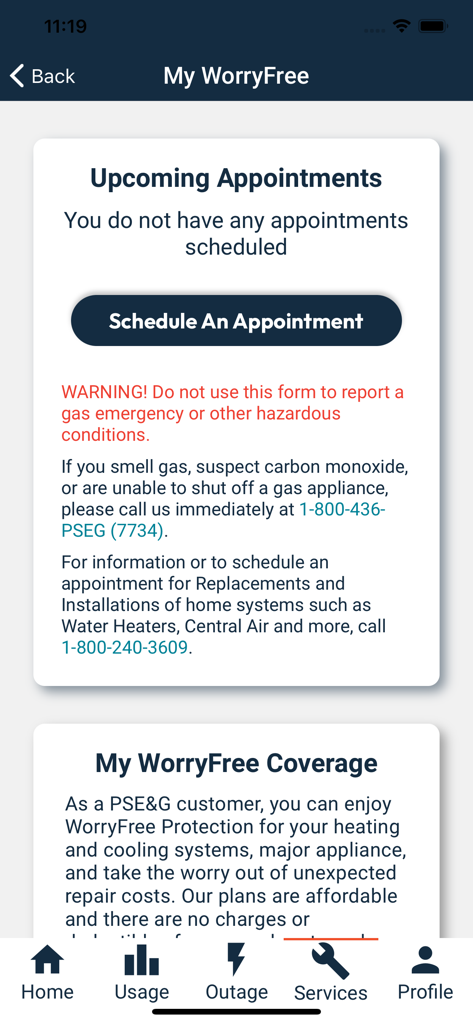 PSE&G - PSE&G app screen for scheduling WorryFree service appointments and viewing coverage details