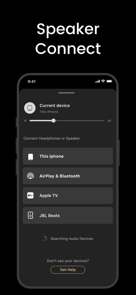 Interface of the Speaker Connect app on an iPhone showing options to connect to AirPlay, Bluetooth, Apple TV, and JBL speakers.