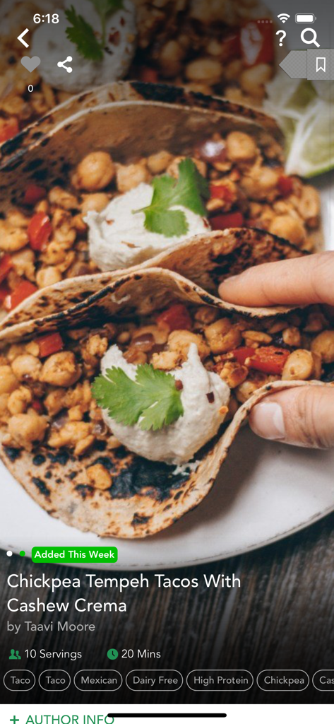 A close up photo of vegan chickpea tempeh tacos with cashew crema on the Food Monster app