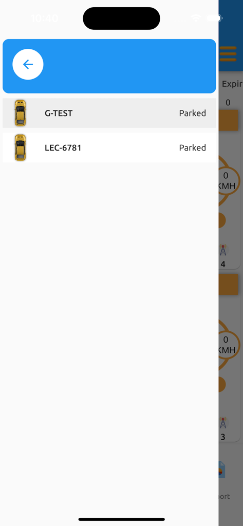 Dashboard view in the U Track Pro app showing a list of vehicles with their parked status