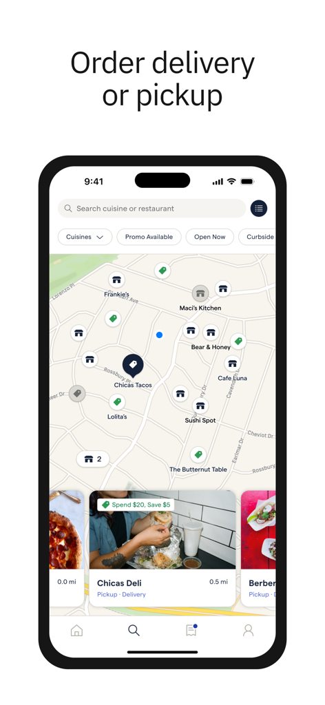 ChowNow app map interface for local food delivery and pickup