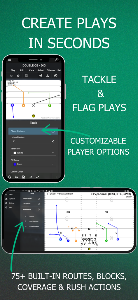 Football Play Card - Football Play Card app showing play designer tools for tackle and flag football with customizable player options and routes