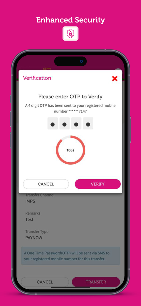 Jana Bank Mobile Banking - OTP verification screen on Jana Bank Mobile Banking app showing enhanced security features