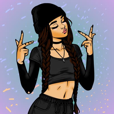 realistic teenage girl with braids and a beanie and crop top doing 🫶🏼