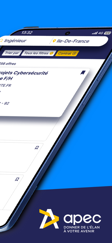 Apec : offres d’emploi cadres - Apec mobile app interface with job search filters and executive career listings