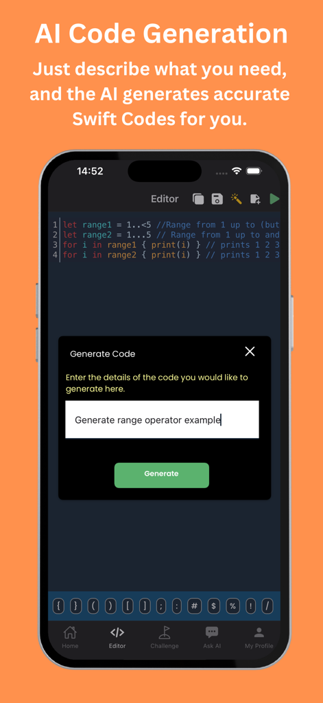 Learn Swift - Swift Playground - Learn SwiftアプリのプレイグラウンドにおけるAIコード生成機能。