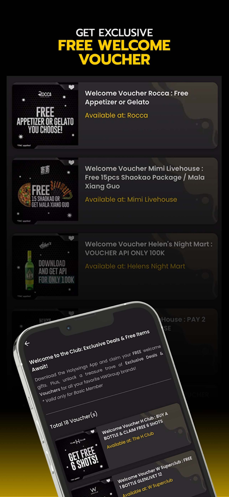 Holywings - Holywings app screen displaying exclusive free welcome vouchers for various nightlife and lounge venues