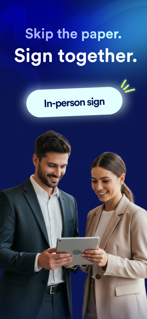 Two business professionals using a tablet for an in-person electronic signature via Jotform Sign