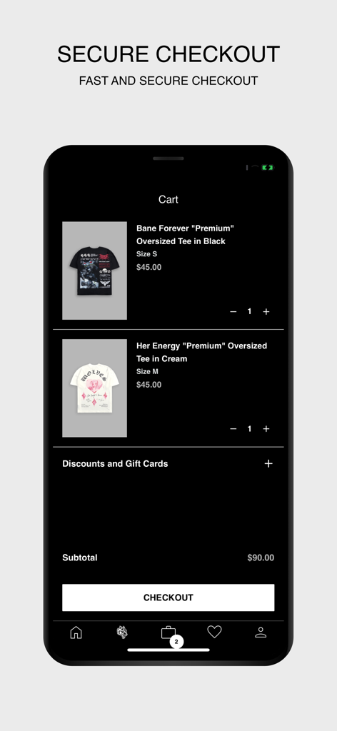 DarcSport - Un'interfaccia di applicazione mobile che mostra un carrello della spesa con due t-shirt grafiche oversize e un pulsante di checkout.