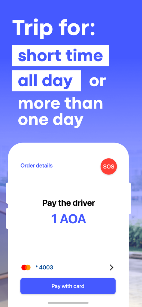 Pantalla de la aplicación ESPAES Angola Taxi que muestra opciones de duración del viaje y la interfaz de pago con tarjeta con un botón SOS.