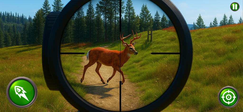 Ein Hirsch, gesehen durch das Zielfernrohr eines Scharfschützengewehrs auf einem Grasfeld