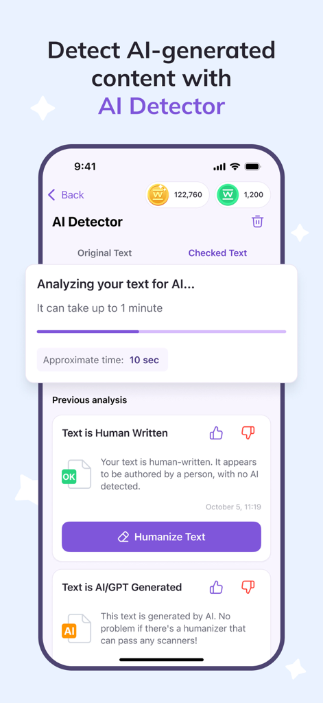 TextGuard AI app interface showing the AI detector analyzing text for human versus AI origin with a progress bar and result indicators.