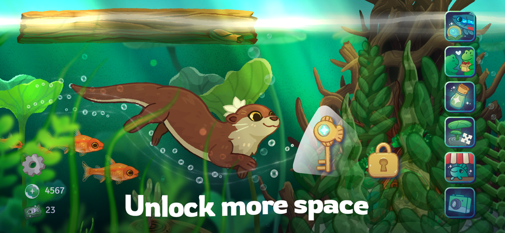 Pondlife — Relaxing Fish Game - Una linda nutria nadando en un exuberante estanque submarino verde con una llave dorada y el texto Desbloquea más espacio