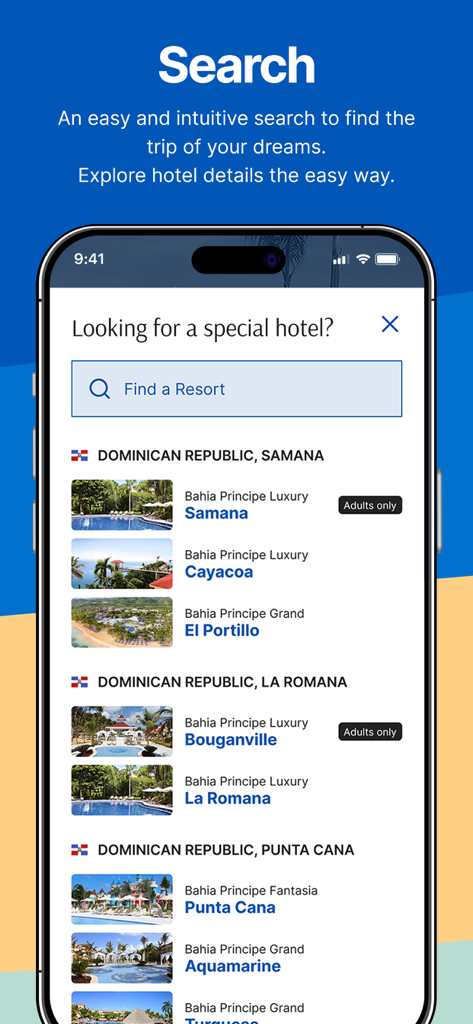 Bahia Principe Hotels - Interfaz de búsqueda de la app Hoteles Bahia Principe que enumera varias ubicaciones de resorts