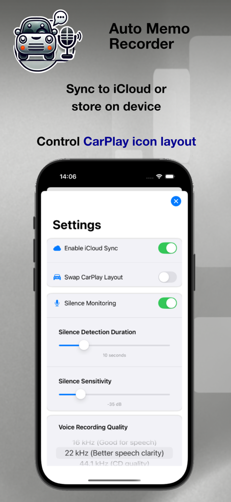 Auto Memo Recorder - Pantalla de configuración de la aplicación Grabadora Auto Memo mostrando opciones de configuración de sincronización con iCloud y CarPlay.