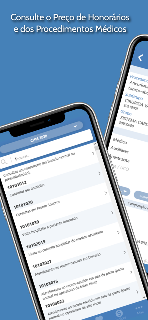 PMED - Preço Médico TUSS CBHPM - Interface do aplicativo PMED mostrando uma lista pesquisável de procedimentos médicos e códigos de faturamento para o sistema de saúde brasileiro.