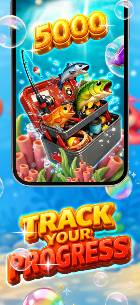 MyFishing Book - Pantalla de la aplicación MyFishing Book con una caja de aparejos con peces y el texto 'rastrea tu progreso'