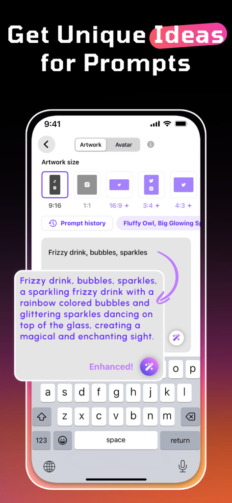 WOMBO Dream - AI Art Generator - Interface of WOMBO Dream app showing the AI prompt enhancement feature for generating art