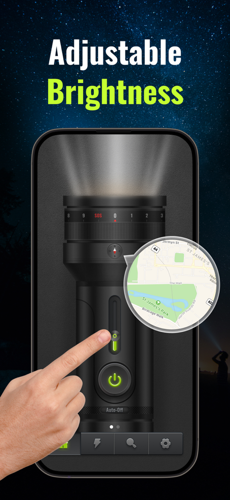 Eine Person, die die Helligkeit einer mobilen Taschenlampen- und Lupe-Anwendung einstellt.