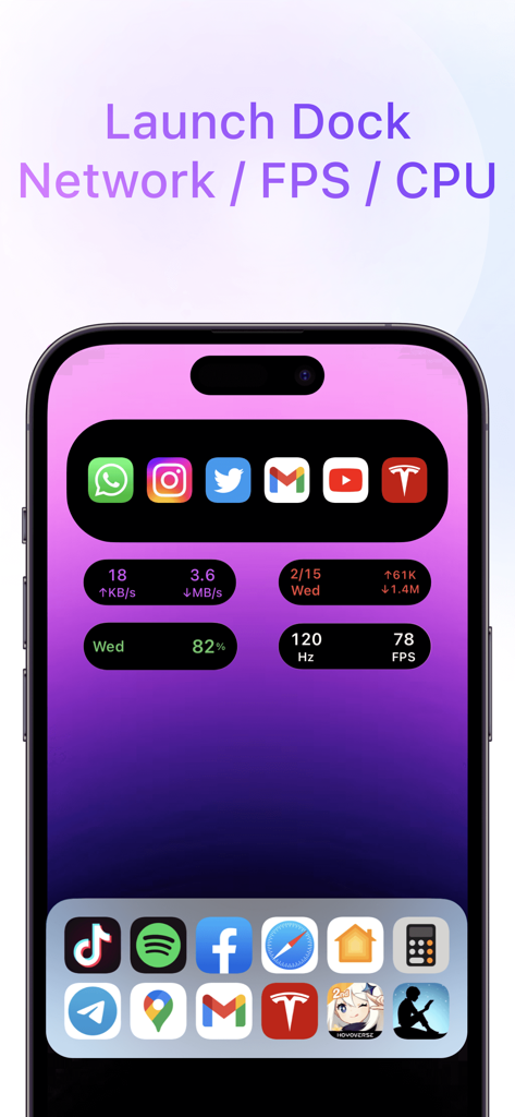 Écran iPhone affichant les widgets de surveillance système de Lock Launcher pour la vitesse du réseau, les FPS et le CPU