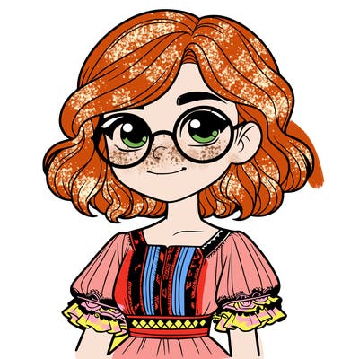 one girl with medium short hair, which are wavy. she has round glasses. she wears a latina outfit.