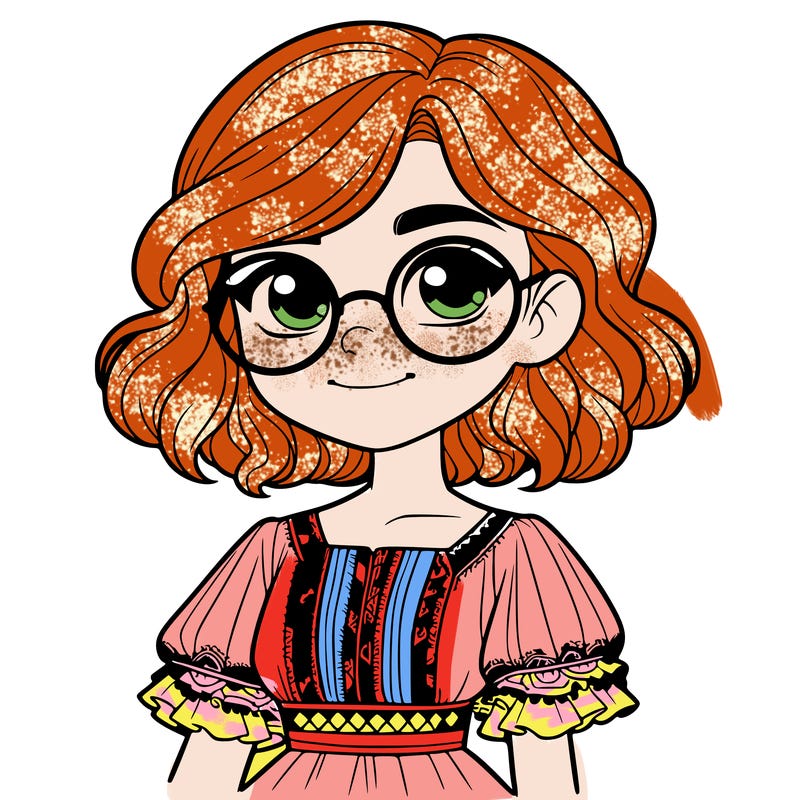 one girl with medium short hair, which are wavy. she has round glasses. she wears a latina outfit.