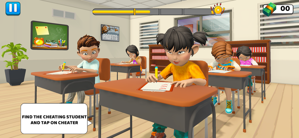 A classroom scene in Teacher Simulator Classroom showing students taking a test and a prompt to find the cheater