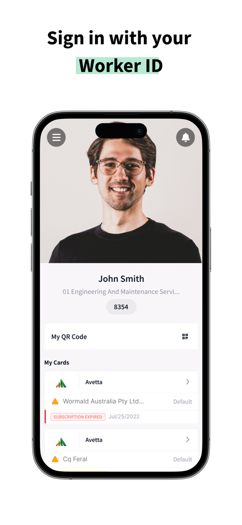 Avetta Workforceアプリのデジタル作業員IDバッジとプロフィール画面