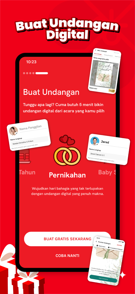Kenangan.com - Interface de l'application Kenangan pour créer des invitations de mariage numériques avec des aperçus de profils d'utilisateurs et des modèles