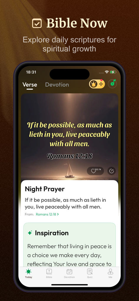 KJV Bible Now mobile app showing a daily scripture verse and spiritual inspiration