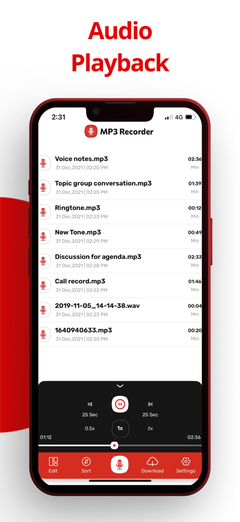Record Audio & Mp3 Recorder - Audio playback screen showing a list of mp3 recordings and playback speed controls