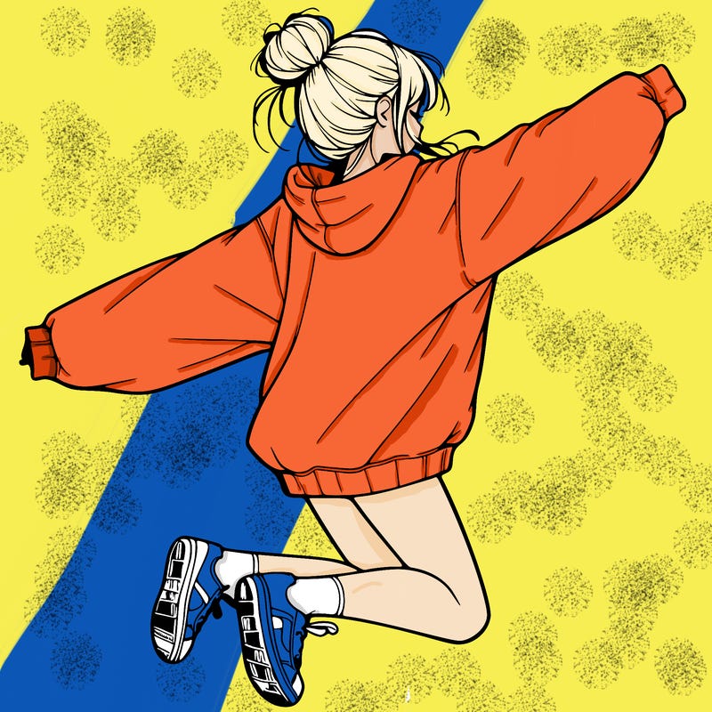 realistic girl jumping with a bun and oversized sweatshirt