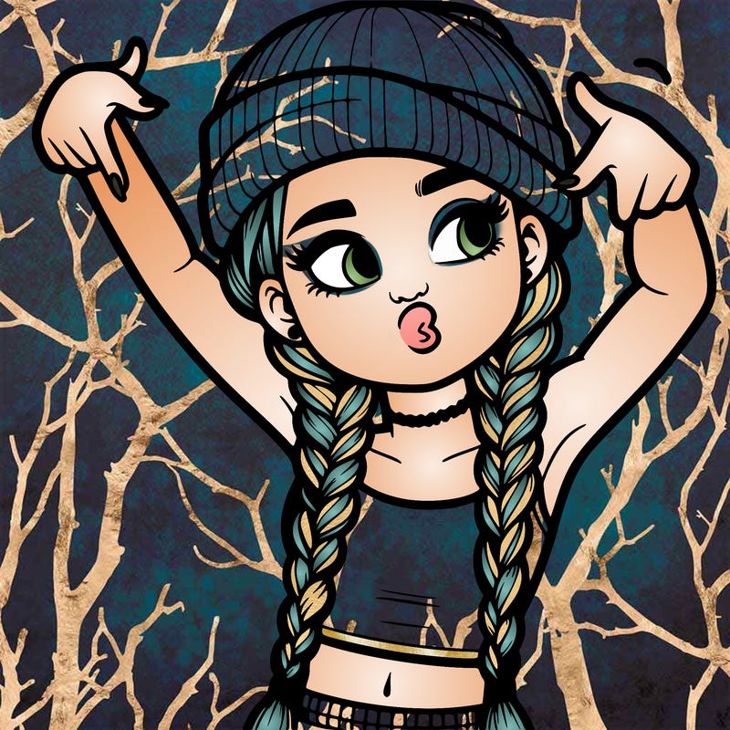 realistic teenage girl with braids and a beanie and crop top doing 🫶🏼