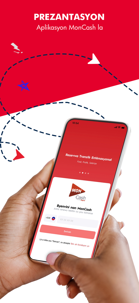 Smartphone affichant l'écran d'accueil de l'application MonCash en créole haïtien